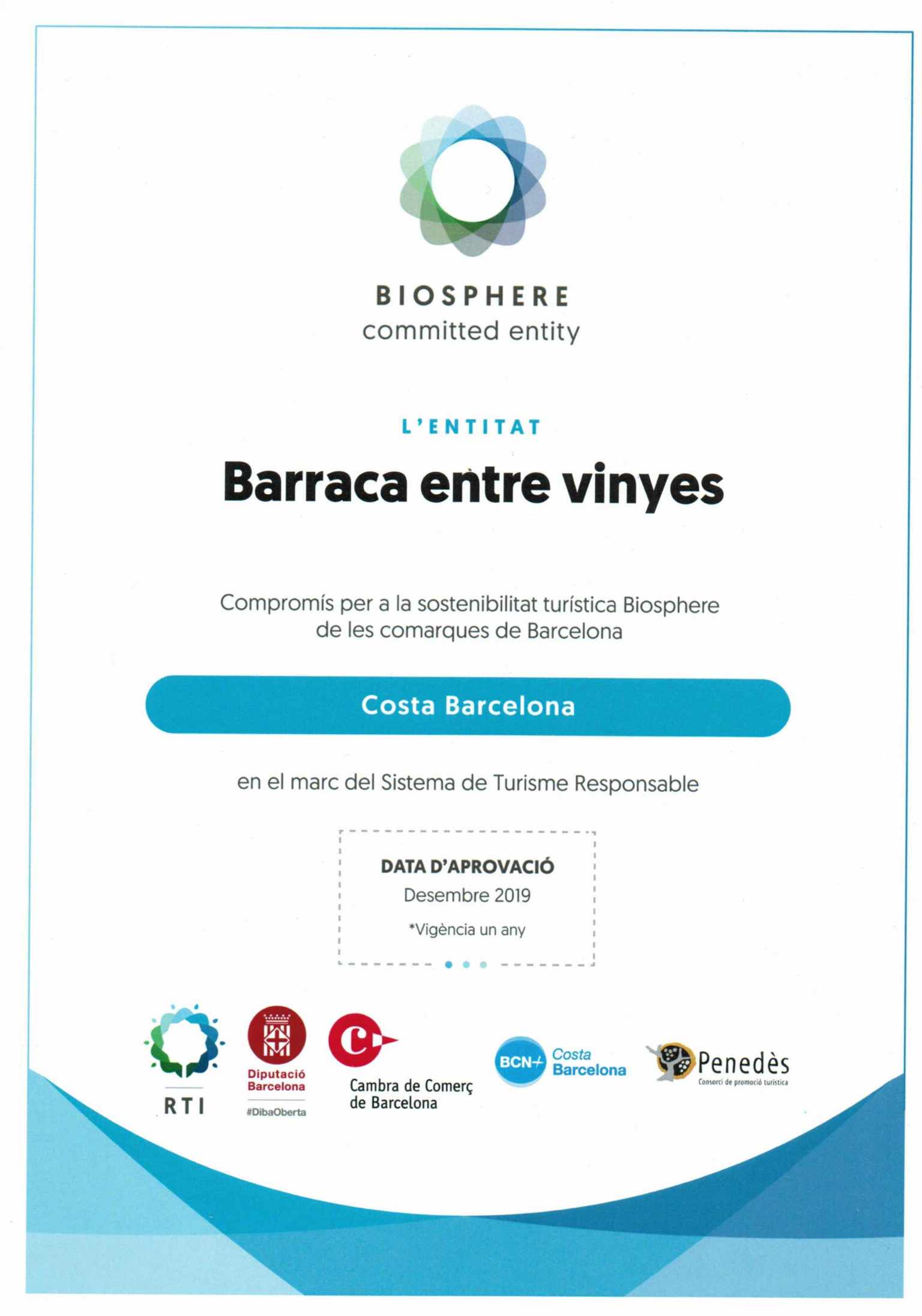Diploma Biosphere Barraca entre Vinyes